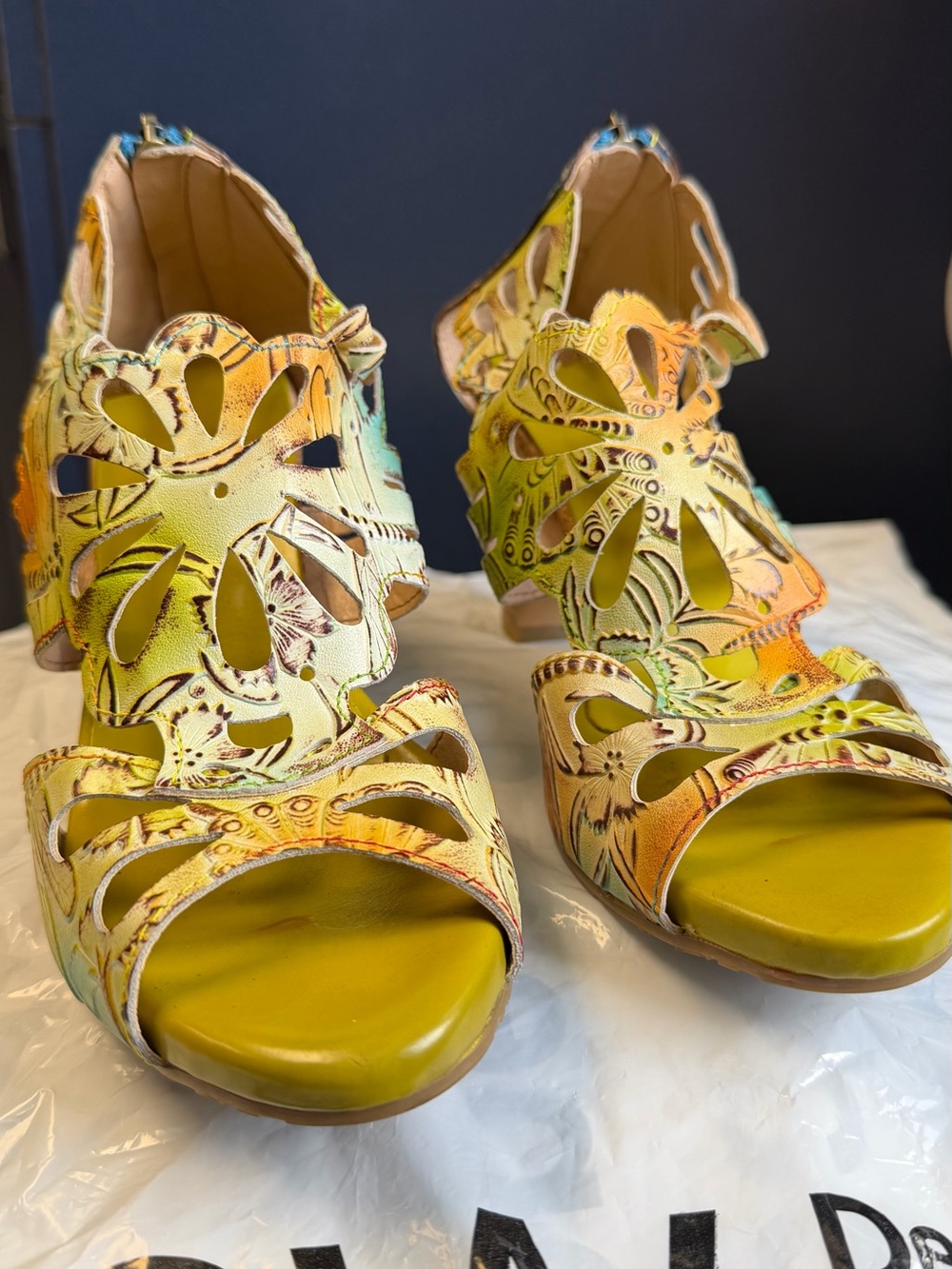 Floral Laser-Cut Yellow Women's Heeled Sandals